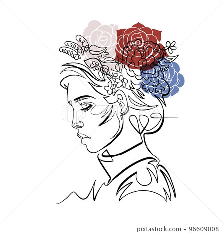 Woman with Flowers One Line Drawing. Continuous Line drawing of beauitiful female with a wreath of flowers on her head 96609008