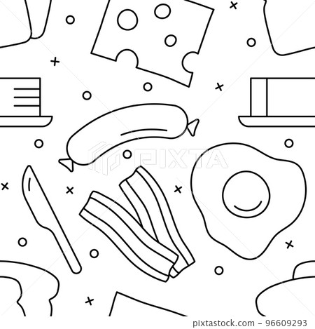 Seamless pattern on white background with fried eggs, sausages, and bacon. Seamless pattern on white background with fried eggs, sausages, and bacon. 96609293