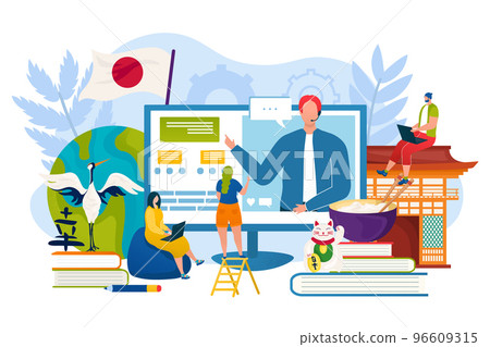 Language education online, learn japanese at internet school, vector illustration. Student man woman character learn how to speak distance technology 96609315