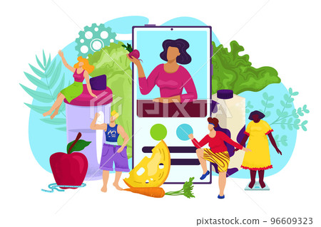 Nutrition online app for healthy woman diet in smartphone concept, vector illustration. Sport fitness lifestyle, cartoon weight loss training 96609323