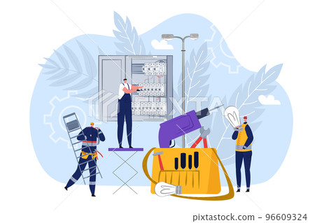Electrician concept, electric technician worker, vector illustration. Professional electricity maintenance, electrical power service design. Electrician concept, electric technician worker, vector illustration. Professional electricity maintenance, electrical power service design. 96609324