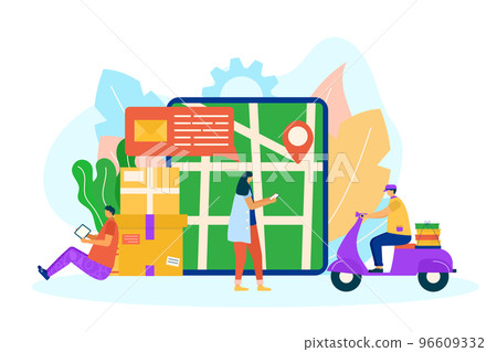Delivery order online service, vector illustration. Package fast transportation by courier character at transport. Business delivery mobile app 96609332