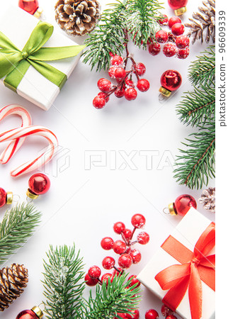 Christmas background with fir tree and decor. Top view with copy space 96609339