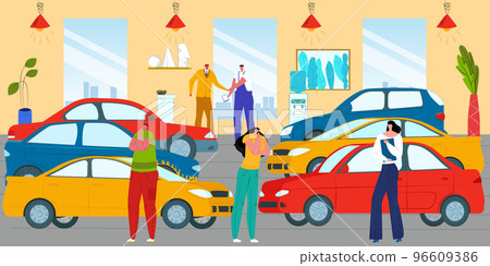 Customer man woman at car showroom, vehicle automobile sale business, vector illustration. People buy auto at dealer shop, flat dealership service. 96609386