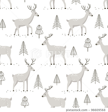 Gray cartoon deer characters in different poses with Christmas trees on a white background. Gray cartoon deer characters in different poses with Christmas trees on a white background. 96609568