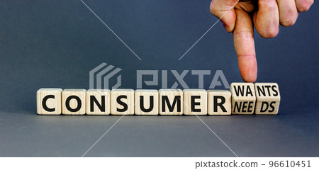 Consumer wants and needs symbol. Concept words Consumer wants or Consumer needs on wooden cubes. Businessman hand. Beautiful grey background. Business Consumer wants or needs concept. Copy space. Consumer wants and needs symbol. Concept words Consumer wants or Consumer needs on wooden cubes. Businessman hand. Beautiful grey background. Business Consumer wants or needs concept. Copy space. 96610451