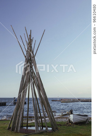 Signal fire on the evening coast of the North Sea in Denmark 96610480