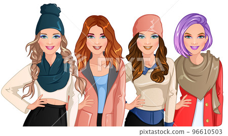 Winter Eyes Female Character Set. Vector Illustration Winter Eyes Female Character Set. Vector Illustration 96610503