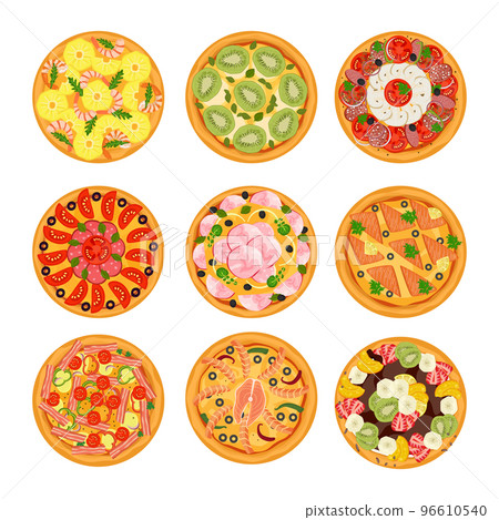 Delicious pizza collection with vegetables, sausage and mozzarella vector illustration. Hot fresh dinner menu from restaurant, label set. Delicious pizza collection with vegetables, sausage and mozzarella vector illustration. Hot fresh dinner menu from restaurant, label set. 96610540