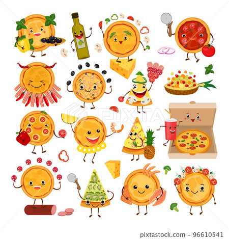 Pizza characters funny elements for pizzeria set, vector illustration. Delicious dinner with tasty pepperoni snack in box. Pizza characters funny elements for pizzeria set, vector illustration. Delicious dinner with tasty pepperoni snack in box. 96610541