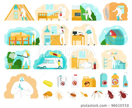 Pest control set, vector illustration. System measures to combat insects, ticks, rodents. Disinfection houses and apartments cartoon service. 96610558