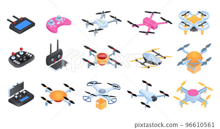 Set isometric drone, vector illustration. Wireless device with propeller, maneuverable quadrocopter. Hi-tech toy with camera for shooting Set isometric drone, vector illustration. Wireless device with propeller, maneuverable quadrocopter. Hi-tech toy with camera for shooting 96610561