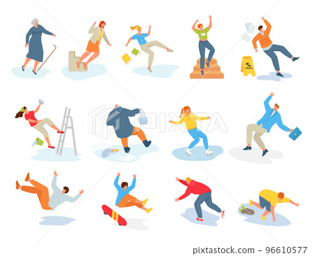 Collection stickers with falling people, vector illustration. Adult man woman character fall on slippery surface. Dangerous action, hurted person. 96610577