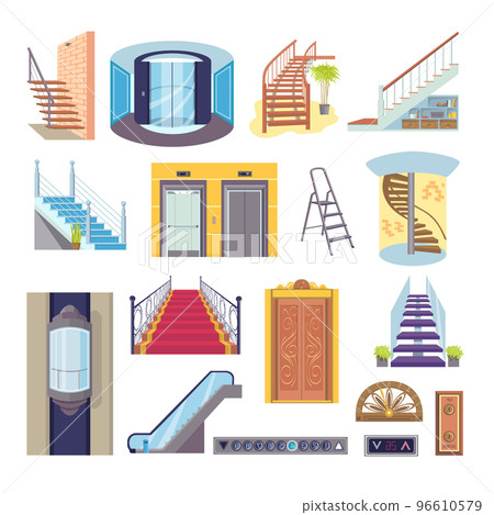 Flat elevator stairs collection, vector illustration. Cartoon step stairs and interior door set. Transport lift inside house, glass and steel elevator 96610579