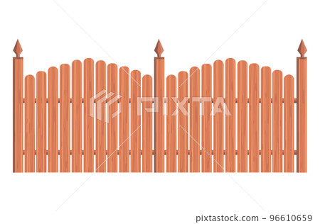 Wooden protect gates with metal plating, protective timber entrance gateway fence flat vector illustration, isolated on white. Wooden protect gates with metal plating, protective timber entrance gateway fence flat vector illustration, isolated on white. 96610659