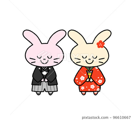 Two rabbits wearing Japanese clothes and greeting the New Year Two rabbits wearing Japanese clothes and greeting the New Year 96610667