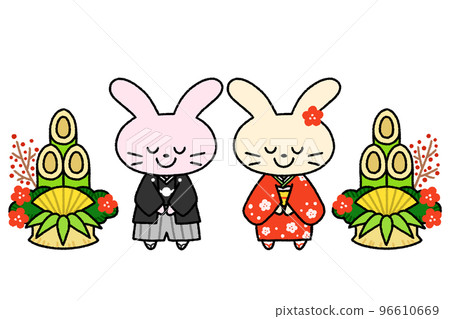 Two rabbits and Kadomatsu wearing Japanese clothes and greeting the New Year Two rabbits and Kadomatsu wearing Japanese clothes and greeting the New Year 96610669