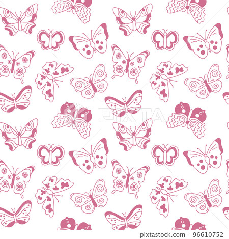 Butterflies pattern. Cute seamless background with beautiful outline flying insects. Pink and white print. Vector repeat illustration for designs, textile, fabric, wrapping paper 96610752