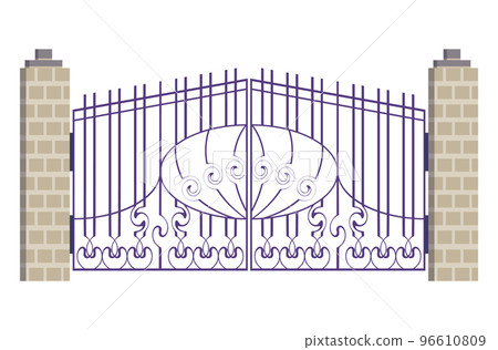 Metall protect gates with metal plating, protective timber entrance gateway fence flat vector illustration, isolated on white. Metall protect gates with metal plating, protective timber entrance gateway fence flat vector illustration, isolated on white. 96610809