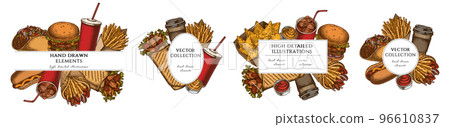 Street food hand drawn frame templates. Vintage illustrations of sauces, nachos, soda, gyros, burger, taco, shawarma, french fries, hot dog, paper cup. 96610837