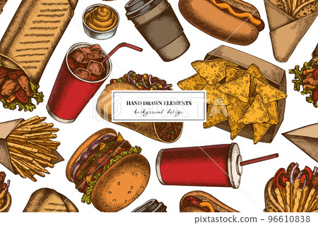 Street food seamless pattern background design. Engraved style. Hand drawn sauces, nachos, soda, gyros, burger, taco, shawarma, french fries, hot dog, paper cup. 96610838