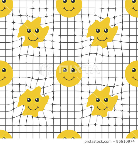 Seamless distorted melting yellow smiley face illustration pattern for fabric, wallpaper or wrapping paper. Geometric pattern. Vector 96610974