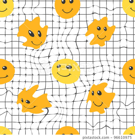 Seamless distorted melting yellow smiley face illustration pattern for fabric, wallpaper or wrapping paper. Geometric pattern. Vector 96610975