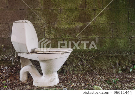discarded toilet in a mossy in alley overgrown with moss 96611444