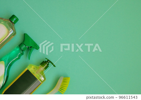 Various cleaning supplies, housekeeping background Stock Photo by