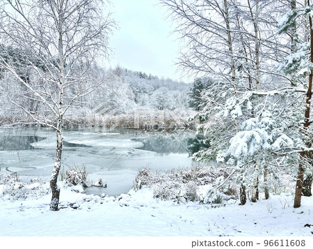 Winter landscape with the river in frosty day Winter landscape with the river in frosty day 96611608
