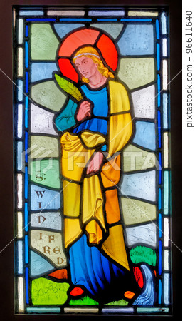 Stained glass window of Saint Winifred at Red Castle - Wales Stained glass window of Saint Winifred at Red Castle - Wales 96611640