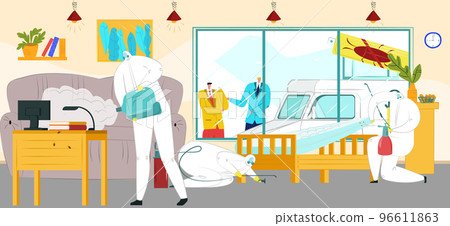 Pest control at home, chemical protection service, vector illustration. Man character in mask spray insecticide in house, professional job 96611863