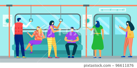 Subway train with man woman character while coronavirus, virus, vector illustration. People passenger in face mask transportation. 96611876