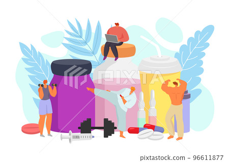 Sport nutrition with medicine, diet lifestyle concept, vector illustration. Fitness exercise and medical additives for body health, healthy food. Sport nutrition with medicine, diet lifestyle concept, vector illustration. Fitness exercise and medical additives for body health, healthy food. 96611877
