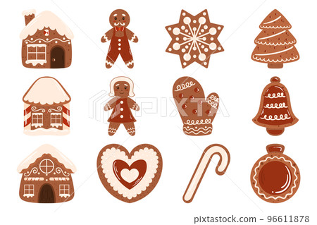 Gingerbread cookies collection. Winter traditional decorated set of sweets in shape house and star, Christmas tree and bell, gingerbread man and woman, heart, ball and mitten. 96611878