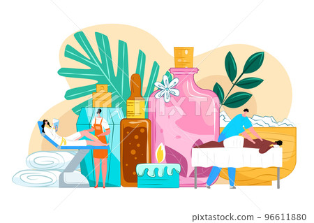Spa salon, care massage for woman, vector illustration. Health and beauty treatment, female character relax, therapy for body wellness. 96611880