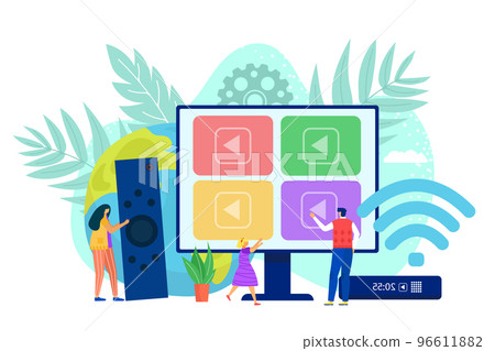 Smart computer tv by internet, digital media, vector illustration. Online television concept at big cartoon screen technology. Multimedia network app 96611882