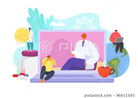 Online psychologist consultation, mental therapy and help concept, vector illustration. Psychotherapy for woman man patient support. 96611893