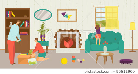 Moving to new home concept, vector illustration. People family pack things in box, man woman make relocation to another cartoon house, apartment Moving to new home concept, vector illustration. People family pack things in box, man woman make relocation to another cartoon house, apartment 96611900