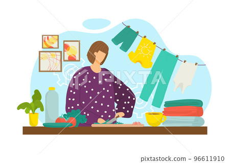 Housewife cok meal dinner at home, vector illustration. Cooking healthy lunch woman at cartoon kitchen, food preparation. Female person characetr Housewife cok meal dinner at home, vector illustration. Cooking healthy lunch woman at cartoon kitchen, food preparation. Female person characetr 96611910