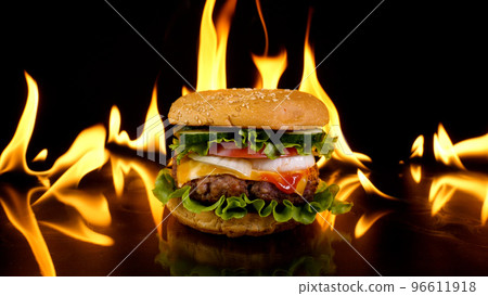 Delicious burger on the background of fire 96611918