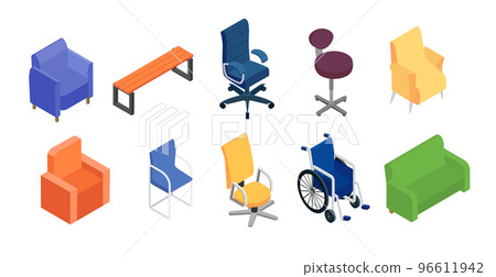 Graphic furniture, chair and armchair collection, isolated on white vector illustration. 3d isometric home interior decoration, office seat set. 96611942