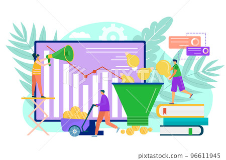 Business idea, cartoon funnel for finance coin heap, vector illustration. Man woman people character find inspiration for ideas, making money. Business idea, cartoon funnel for finance coin heap, vector illustration. Man woman people character find inspiration for ideas, making money. 96611945