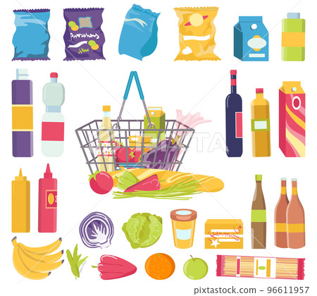 Food product in grocery basket, shop collection isolated on white, vector illustration. Flat supermarket store with purchase object set. Food product in grocery basket, shop collection isolated on white, vector illustration. Flat supermarket store with purchase object set. 96611957