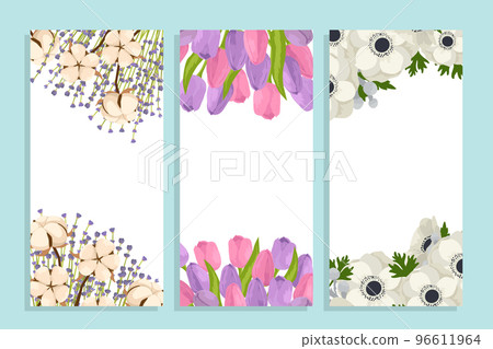 Template floral design, flower background at card flyer banner, vector illustration. Graphic vintage poster set, summer nature decoration pattern. 96611964