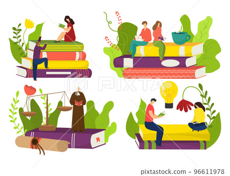 Education set concept, vector illustration. Man woman character at cartoon book stack, flat people read in library, isolated on white collection. Education set concept, vector illustration. Man woman character at cartoon book stack, flat people read in library, isolated on white collection. 96611978