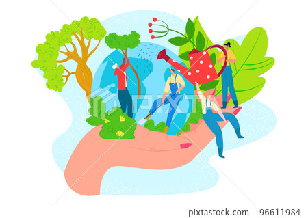 Save world ecology, earth environment concept vector illustration. People man woman character at green planet, care about nature. 96611984