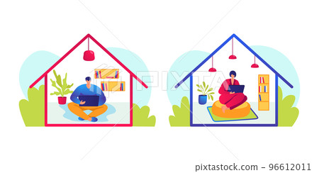 Work at home concept, vector illustration. People at cartoon house while coronavirus quarantine, online job at computer, laptop. Isolation workplace Work at home concept, vector illustration. People at cartoon house while coronavirus quarantine, online job at computer, laptop. Isolation workplace 96612011