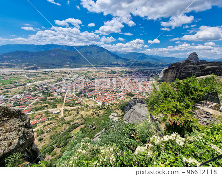 Kalambaka viewed from St Stefanos monastery on Meteora rock in Greece 96612118
