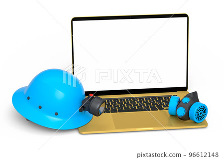 Set of safety helmets or hard caps, respirator and laptop on white background Set of safety helmets or hard caps, respirator and laptop on white background 96612148